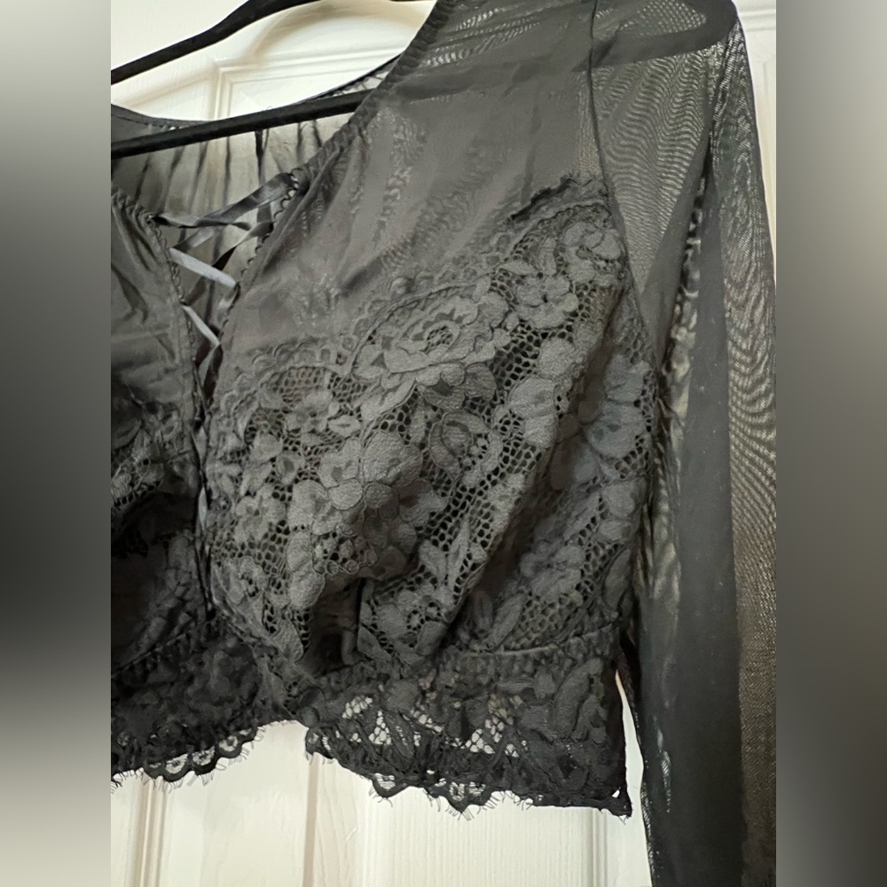 Cacique Crop Top Bustier Womens Plus 18/20 Black Lace Sheer Long Sleeve